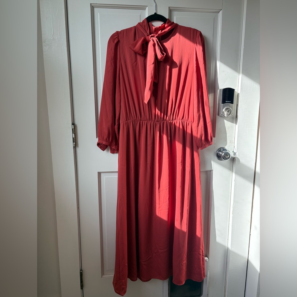 Ann Taylor Long Sleeve Bow Tie Front Coral Red Dress Size L